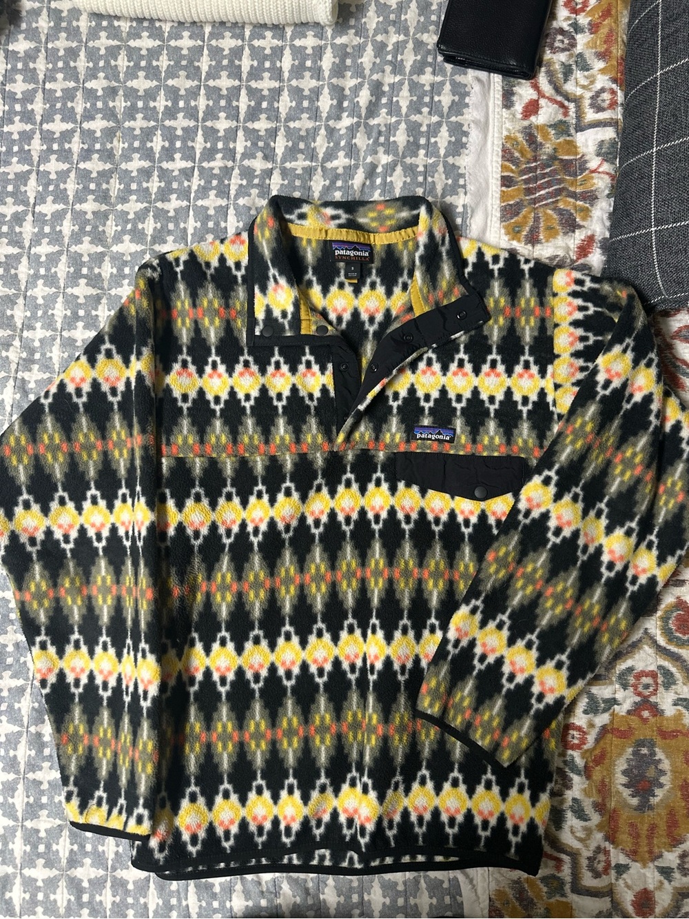 Patagonia Black, Yellow & White Geometric Synchilla Pullover